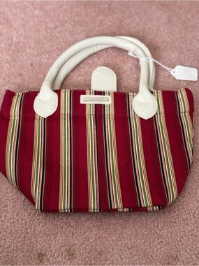 Longaberger Red and Cream Striped Tote with Green Accents